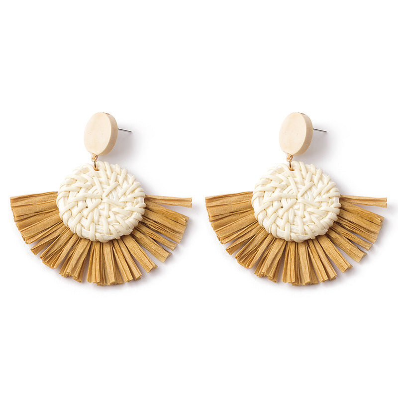 Wholesale Hand-woven Geometric Rattan Raffia Fan Earrings